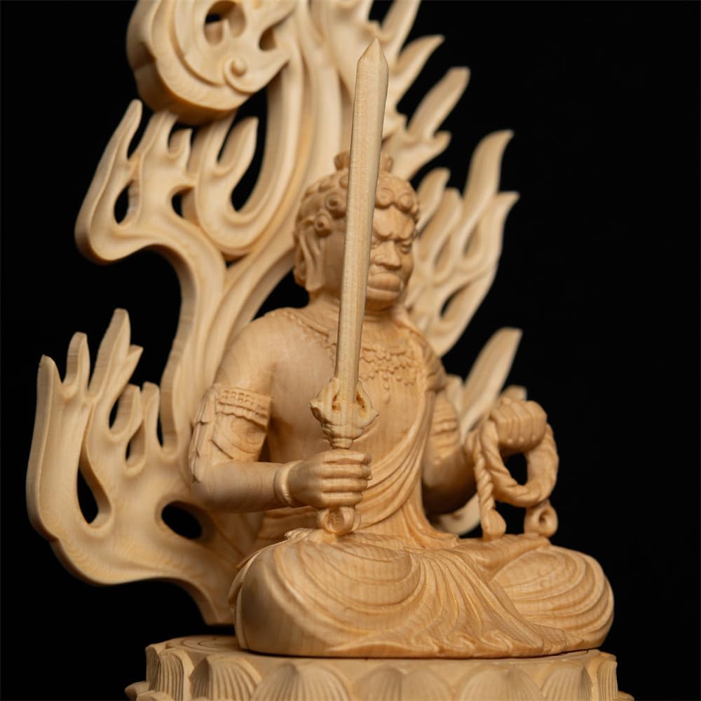 Japanese Acala Fudo Myoo Statue, Handcrafted Wooden Carving, Immovable King Figurine, East Esoteric Solid Wood Sculpture for Home Decor, Spiritual Symbol, and Unique Gift