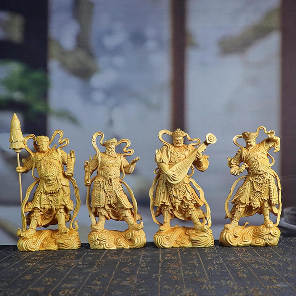 Four Heavenly Kings Wood Carvings - Solid Wood Guardian Statues for Home Decor (7inch Big Set)