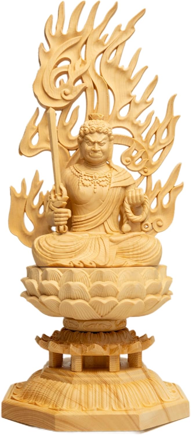 Japanese Acala Fudo Myoo Statue, Handcrafted Wooden Carving, Immovable King Figurine, East Esoteric Solid Wood Sculpture for Home Decor, Spiritual Symbol, and Unique Gift