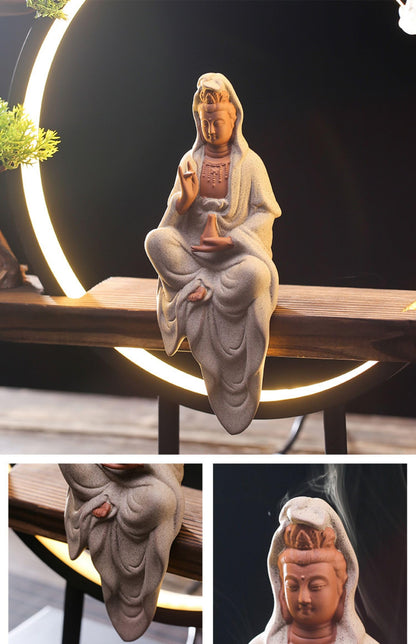 Porcelain Guan Yin (Quan Yin) Buddha Statue Set with USB-Powered LED Light, Lotus Incense Holder, Meditation Accessories