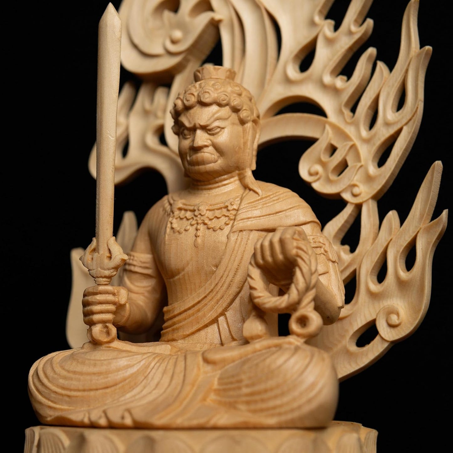 Japanese Acala Fudo Myoo Statue, Handcrafted Wooden Carving, Immovable King Figurine, East Esoteric Solid Wood Sculpture for Home Decor, Spiritual Symbol, and Unique Gift