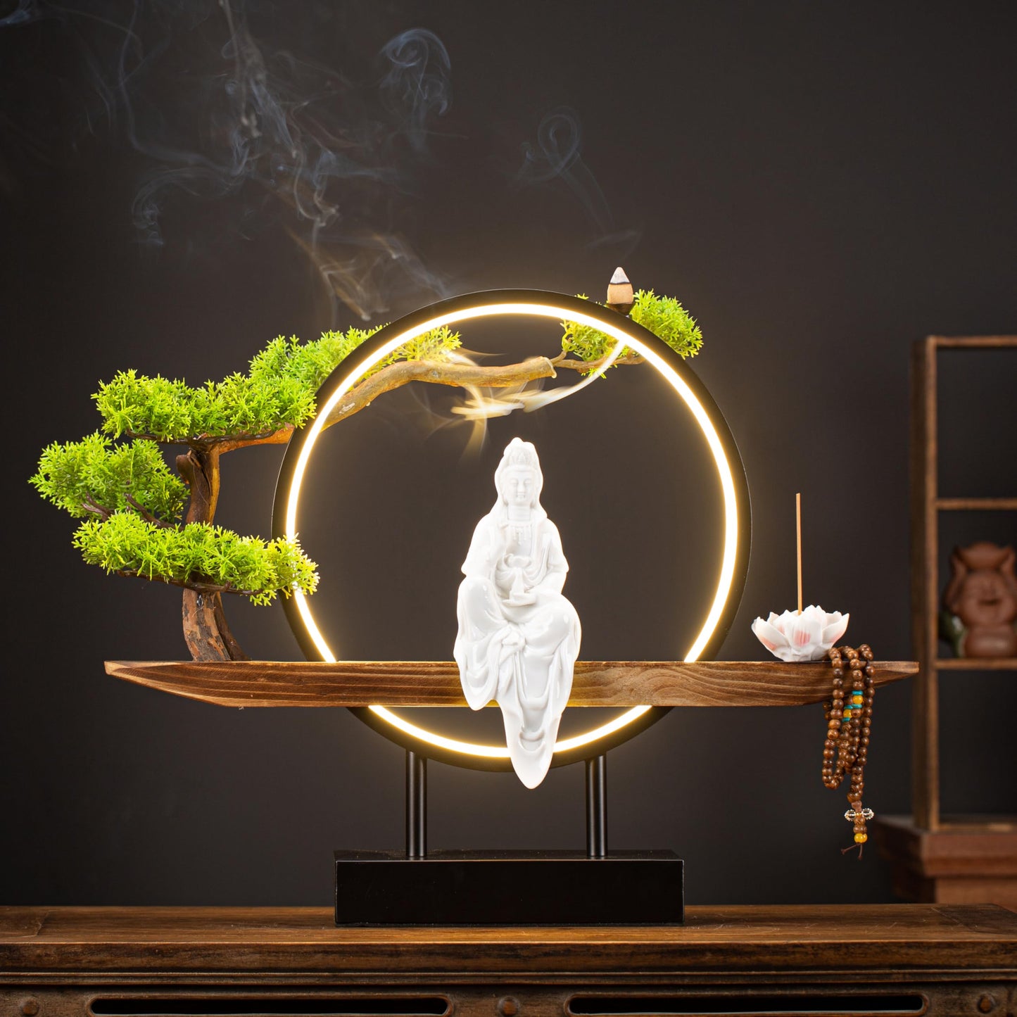 Porcelain Guan Yin (Quan Yin) Buddha Statue Set with USB-Powered LED Light, Lotus Incense Holder, Meditation Accessories