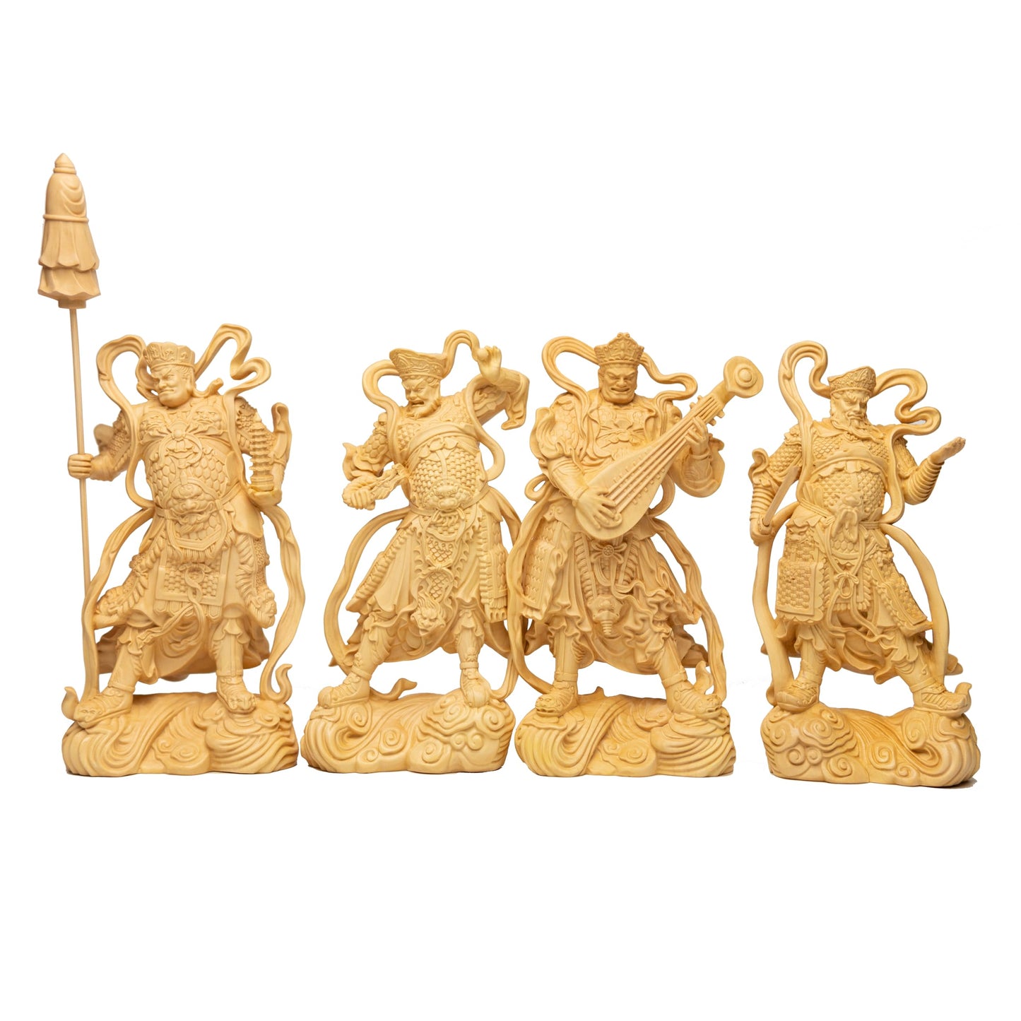 Four Heavenly Kings Wood Carvings - Solid Wood Guardian Statues for Home Decor (7inch Big Set)