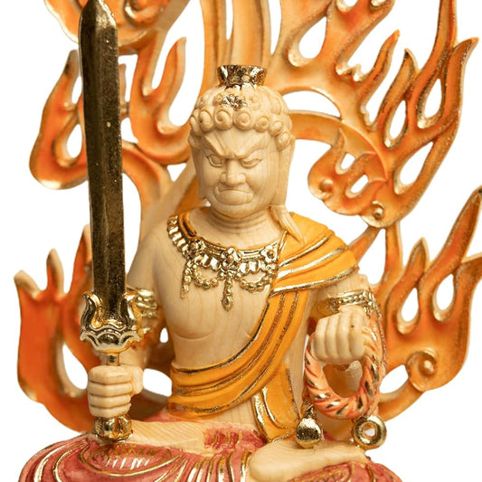 Handcrafted Acala Buddha Statue with Fine Color Painting for Home or Office Decor Wooden Buddhist Fudo Myoo Statue with Fire and Lotus Symbol Spiritual Protector Feng Shui Ornament